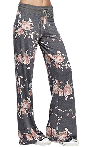 AMiERY Bequeme lässige Pyjamahose für Damen, Blumendruck, Kordelzug, Palazzo-Loungehose, weites Bein, dunkelgrau, Groß von AMiERY