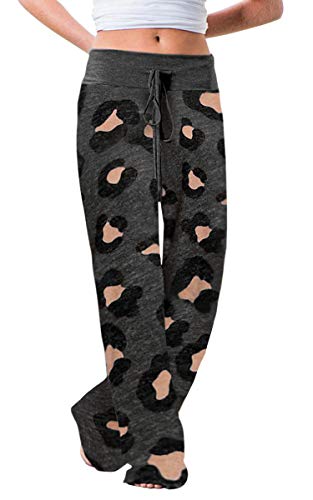 AMiERY Damen Bequeme Casual Pyjamahose Blumendruck Kordelzug Palazzo Lounge Hose Weites Bein, Leopard 5, Groß von AMiERY