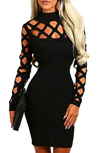 AMiERY Damen Hollow Out Kleid Bandage Clubwear Langarm Bodycon Kleider, schwarz, XX-Large von AMiERY