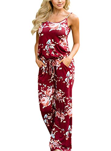 AMiERY Damen floral bedruckten Overalls Feste strampelhöschen lässig bequemer gestreifter Overall mit Taschen x-Large weinrot von AMiERY