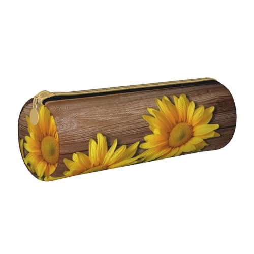 ANABPRMA 40b9286b4a07f0104f2fb8ab9a5fd62 Federmäppchen aus Leder, zylindrisches Stifteetui für Schule, Bürobedarf, mit Reißverschluss, tragbare Tasche, Gelbe Blumen auf Holz1, Einheitsgröße von ANABPRMA
