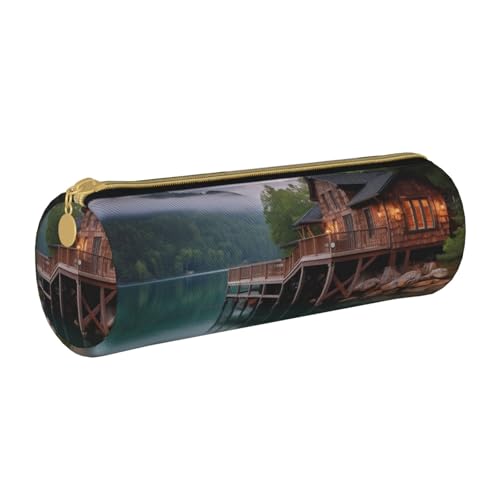 ANABPRMA Federmäppchen aus Leder, zylindrisches Federmäppchen für Schule, Büro, mit Reißverschluss, tragbare Tasche, Blick auf das Seehaus, Einheitsgröße, Münztasche von ANABPRMA