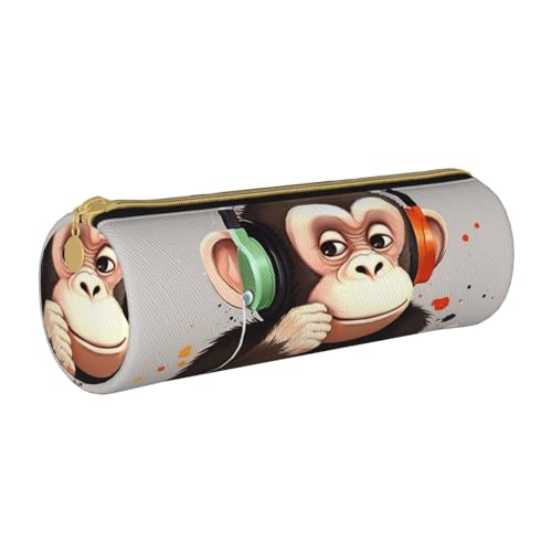ANABPRMA Federmäppchen aus Leder, zylindrisches Federmäppchen für Schule, Büro, mit Reißverschluss, tragbare Tasche, Musik-Affe, Einheitsgröße, Münztasche von ANABPRMA