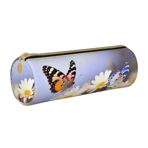 ANABPRMA Federmäppchen aus Leder, zylindrisches Federmäppchen für Schule, Büro, mit Reißverschluss, tragbare Tasche, Schmetterlings-Chrysantheme, Einheitsgröße, Münztasche von ANABPRMA
