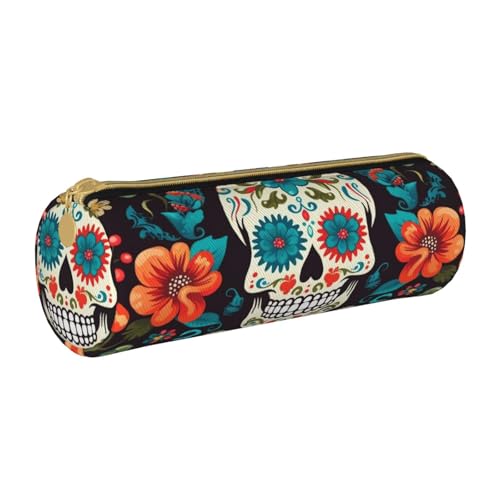 ANABPRMA Federmäppchen aus Leder, zylindrisches Federmäppchen für Schule, Büro, mit Reißverschluss, tragbare Tasche, Totenköpfe und Blumen, Einheitsgröße, Münztasche von ANABPRMA