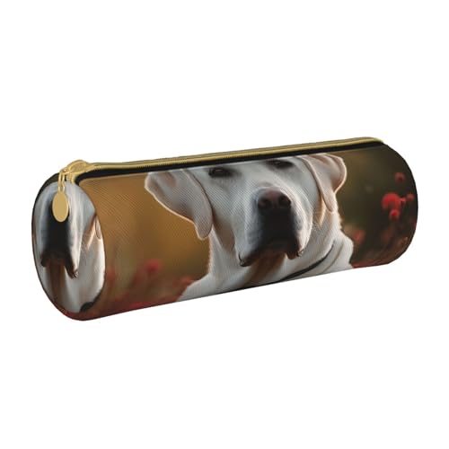 ANABPRMA Federmäppchen aus Leder, zylindrisches Federmäppchen mit Lilienstrauß, für Schule, Büro, mit Reißverschluss, tragbare Tasche, Weißer Labrador, Einheitsgröße, Münztasche von ANABPRMA