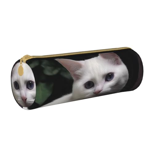 ANABPRMA Federmäppchen aus Leder, zylindrisches Federmäppchen mit Lilienstrauß, für Schule, Büro, mit Reißverschluss, tragbare Tasche, weiße katze, Einheitsgröße, Münztasche von ANABPRMA
