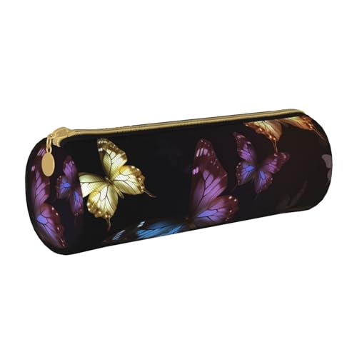 ANABPRMA Federmäppchen aus Leder mit Bären- und Fuchsmuster, zylindrisches Stifteetui für Schule, Bürobedarf, mit Reißverschluss, tragbare Tasche, Schmetterlinge auf schwarzem Hintergrund von ANABPRMA
