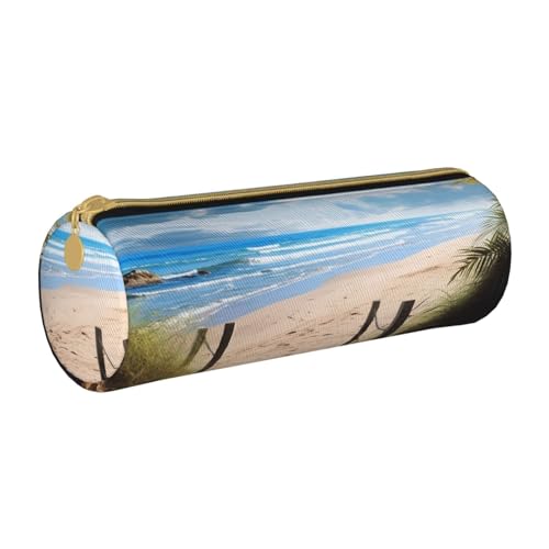 ANABPRMA Federmäppchen aus Leder mit Blumentopf-Hintergrund, zylindrisches Stifteetui für Schule, Bürobedarf, mit Reißverschluss, tragbare Tasche, Strandlandschaft, Einheitsgröße, Münztasche von ANABPRMA