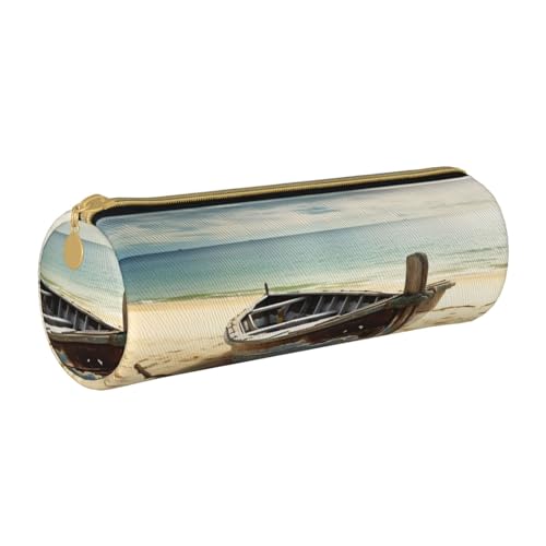 ANABPRMA Federmäppchen aus Leder mit Kaktus-Motiv, zylindrisch, für Schule, Büro, mit Reißverschluss, tragbare Tasche, Boot am Strand, Einheitsgröße, Münztasche von ANABPRMA