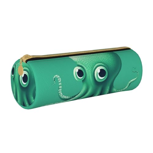 ANABPRMA Federmäppchen aus Leder mit Kaktus-Motiv, zylindrisch, für Schule, Büro, mit Reißverschluss, tragbare Tasche, Grüner Krake, Einheitsgröße, Münztasche von ANABPRMA