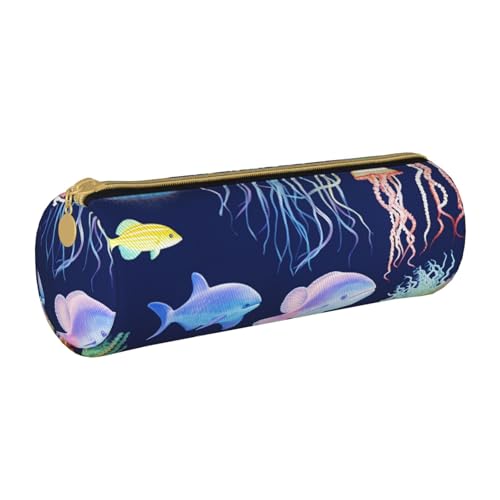 ANABPRMA Federmäppchen aus Leder mit Kaktus-Motiv, zylindrisch, für Schule, Büro, mit Reißverschluss, tragbare Tasche, Wassertiere, Einheitsgröße, Münztasche von ANABPRMA