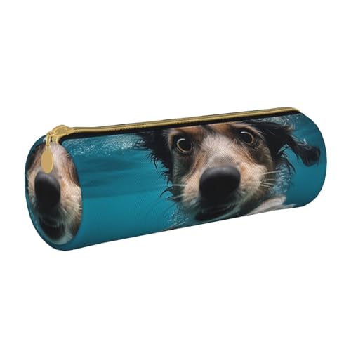 ANABPRMA Federmäppchen aus Leder mit Leoparden- und Palmblättern, zylindrisches Federmäppchen für Schule, Büro, mit Reißverschluss, tragbare Tasche, Unterwasserhund, Einheitsgröße, Münztasche von ANABPRMA