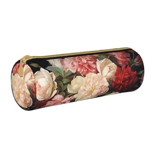 ANABPRMA Federmäppchen aus Leder mit Schmetterlings-Motiv, zylindrisches Stifteetui für Schule, Bürobedarf, mit Reißverschluss, Rosa / Violett, Schale mit Pfingstrosen und Rose, Einheitsgröße von ANABPRMA