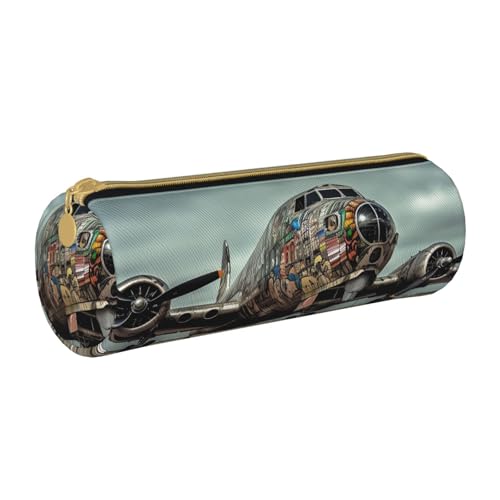 ANABPRMA Federmäppchen aus Leder mit Tierfußabdrücken, zylindrisches Federmäppchen für Schule, Büro, mit Reißverschluss, tragbare Tasche, Flugzeugkunst., Einheitsgröße, Münztasche von ANABPRMA