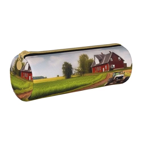 ANABPRMA Federmäppchen aus Leder mit Vogelmotiv, zylindrisch, für Schule, Büro, mit Reißverschluss, tragbare Tasche, Landstraße mit Bauernhof und Traktor, Einheitsgröße, Münztasche von ANABPRMA