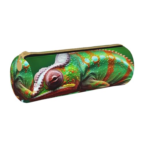 ANABPRMA Federmäppchen aus Leder mit Vogelmotiv, zylindrisch, für Schule, Büro, mit Reißverschluss, tragbare Tasche, Süßes Chamäleon, Einheitsgröße, Münztasche von ANABPRMA