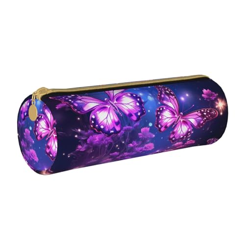 ANABPRMA Rotes Feuerwehr- und Rettungswagen-Leder-Federmäppchen, zylindrisches Federmäppchen für Schule, Bürobedarf, mit Reißverschluss, tragbare Tasche, Lilafarbener Schmetterlingsdruck von ANABPRMA