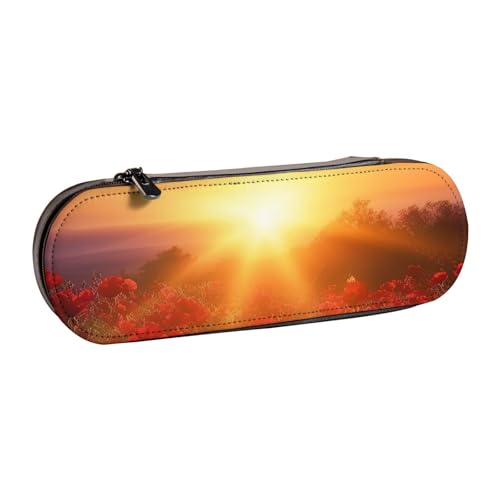 ANABPRMA The Seaside Leuchtturm Hartschalen-Federmäppchen aus Leder, Mehrzweck-Reißverschluss-Box für Schreibwaren, Make-up oder kleine Accessoires, Sunrise Red Flowers, Einheitsgröße, Kosmetikkoffer von ANABPRMA