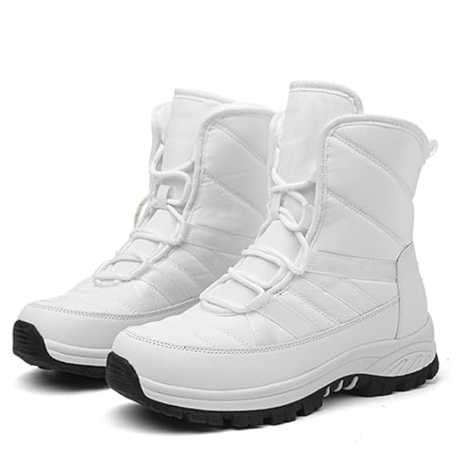 Modische Winterstiefel für Damen, mit Kunstfell gefütterte Stiefel für Damen, Damen-Winterstiefel mit mittlerer Wade, rutschfeste Schnürstiefel für den Außenbereich ( Color : White , Size : 40 EU ) von ANAIUCY