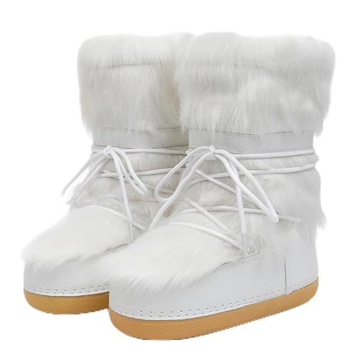 Pelzige Winterstiefel für Damen, Winterstiefel für kaltes Wetter für Damen, Damen-Winterstiefel mit mittlerer Wade, pelzgefütterte Schnürschuhe für den Außenbereich ( Color : White , Size : 37 EU ) von ANAIUCY