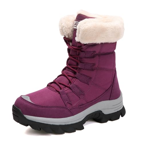 Winterstiefel für kaltes Wetter für Damen, Stiefel mit warmem Fellfutter für Damen, rutschfeste Damen-Winterstiefel zum Schnüren, wasserdichte Winter-Schneestiefel ( Color : Purple , Size : 36 EU ) von ANAIUCY