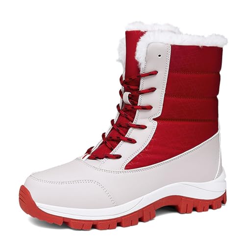 Winterstiefel für kaltes Wetter für Damen, wasserdichte Stiefel aus Kunstfell für Damen, rutschfeste Winterstiefel für Damen, bequeme Stiefel in der Mitte der Wade für den Außenbereich ( Color : Red , von ANAIUCY