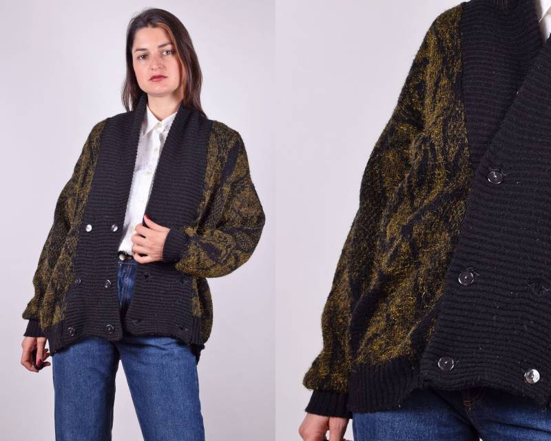 Vintage Shiny Metalic Strickjacke Pullover Schwarz Gold 80Er Cardigan Boho Button Up Preppy M/L Größe von ANAMORENAshop