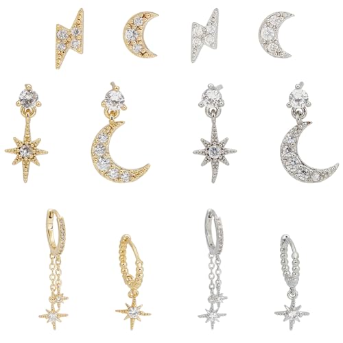 ANATTASOUL 12 Stück Zierliche Ohrring-Sets Zirkonia Mond-Ohrringe Stern-Ohrhänger Goldene Ohrringe Für Frauen Mehrere Piercings Huggie-Ohrringe Asymmetrische Ohrstecker Schmuck Geschenk Für Hochzeit von ANATTASOUL