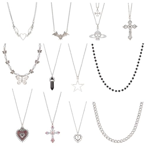 ANATTASOUL 13 Stück Gothic-Halsketten-Set Punk-Vintage-Halsketten-Set Goth Grunge Stern Schmetterling Kreuz Totenkopf Anhänger Herz Flügel Statement Halsband Für Frauen Männer Am Weihnachtstag von ANATTASOUL