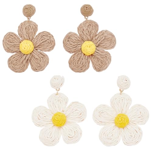 ANATTASOUL 2 Paar Raffiabast-Ohrringe Rattan-Blumenohrringe Für Frauen Böhmische Rattan-Blumenohrringe Für Frauen Boho Bunter Statement-Ohrring Aus Bast-Strohgeflecht Sommerlicher Tropischer von ANATTASOUL