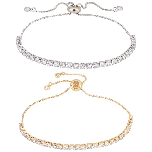 ANATTASOUL 2 Stück Tennisarmband Verstellbares Slide-Tennis-Armband Tennisarmbänder Für Damen Gold-Zirkonia-CZ-Diamant Klassisches Verstellbares Schiebearmband Modeschmuck, Hochzeitsgeschenk von ANATTASOUL