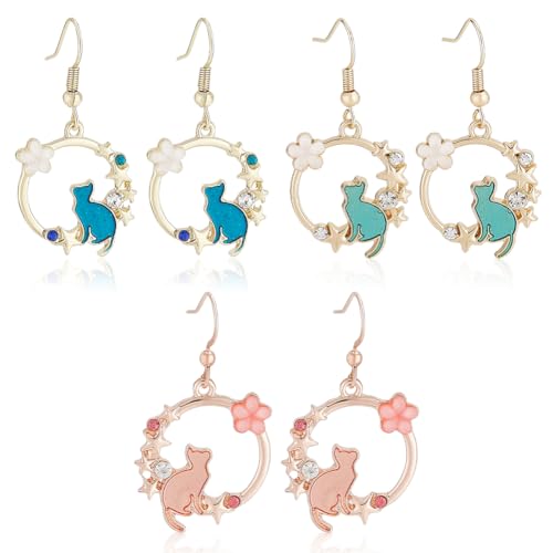 ANATTASOUL 3 Paar Goldohrringe Katze Für Damen Ohrstecker, Hängende Ohrringe, Tropfenschmuck Geburtstag Weihnachten Kristall Schmuck Geschenke Ohrringe Tropfen Frauen Ohrstecker Freunde Für von ANATTASOUL