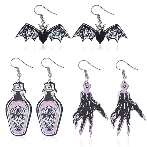 ANATTASOUL 3 Paar Halloween Tropfen Baumelnde Ohrringe Acryl Giftschädel Skelett Hand Fledermaus Haken Ohrringe Schmuckset Halloween Ohrringe Für Frauen Mädchen Party Halloween Geschenk Mit Box von ANATTASOUL