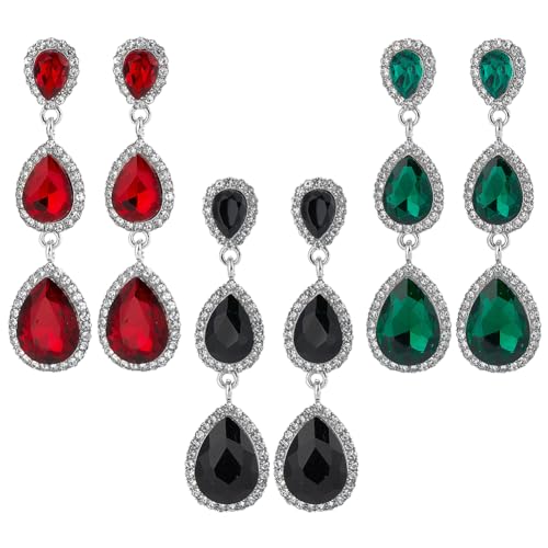 ANATTASOUL 3 Paar Tropfen-Ohrringe Lange Schicht Für Damen Kristall Birnenform Kronleuchter-Ohrringe Damen Blau Grün Rot Kristall Tropfen-Clip-On-Ohrringe Für Gils Hochzeit Braut Abschlussball von ANATTASOUL