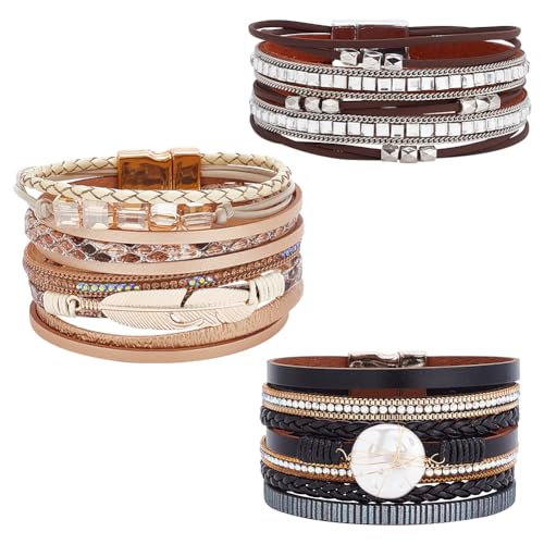 ANATTASOUL 3 STÜCK Leder Geschichtete Armbänder Für Frauen Männer Schwarz Leder Wickelarmbänder Set Boho Mehrschichtig Perlenarmband Geeignet Lederarmband Schnalle Mit Stein Zum Verabreden Reise von ANATTASOUL