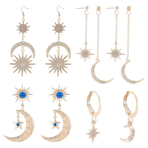 ANATTASOUL 4 Paar Himmlische Ohrringe Sternohrringe Für Frauen Baumelnde Stern- Und Sonnenohrringe Goldene Ohrringe Sonnenstern Ohrringe Boho-Ohrringe Stern-Ohrringe Retro-Schmuck Für Frauen, Gold von ANATTASOUL