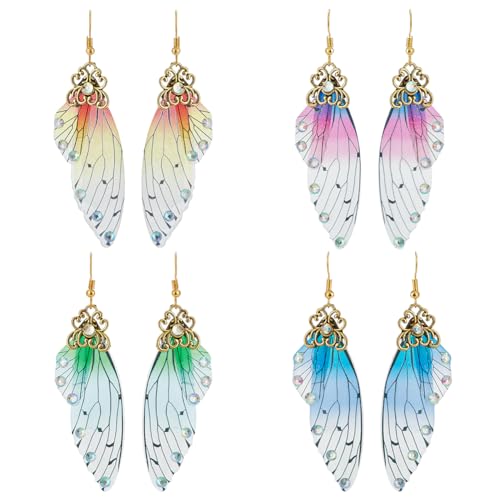 ANATTASOUL 4 Paar Schmetterlingsflügel-Tropfen-Ohrringe Für Frauen Und Mädchen Farbverlauf-Schmetterlings-Harz-Ohrhänger Goldene Lange Tropfen-Harz-Haken-Ohrringe Acryl-Simulation-Insekten-Tropfen von ANATTASOUL