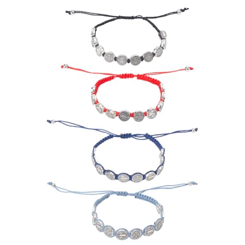 ANATTASOUL 4 Stück Benedikt-Medaillen-Armband, Segensarmband Für Frauen, Verstellbares Kordel-Madel-Armband, Handgefertigtes Benediktiner-San-Benito-Armband, Geflochtenes Rotes Schnur-Armband von ANATTASOUL