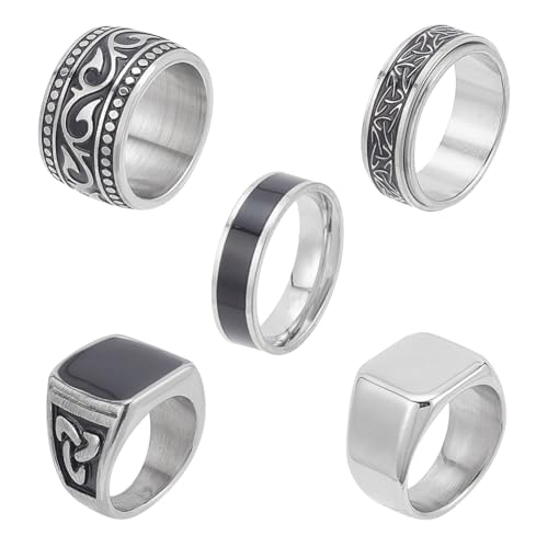 ANATTASOUL 5 Stück Siegelringe Für Herren, Edelstahl, Vintage-Siegelringe Für Herren, Biker-Ringe-Set, Kleiner Daumen, Keltischer Bandring, Spinnerring, Silber, Gold, Polierter Rand, Herrenringe von ANATTASOUL