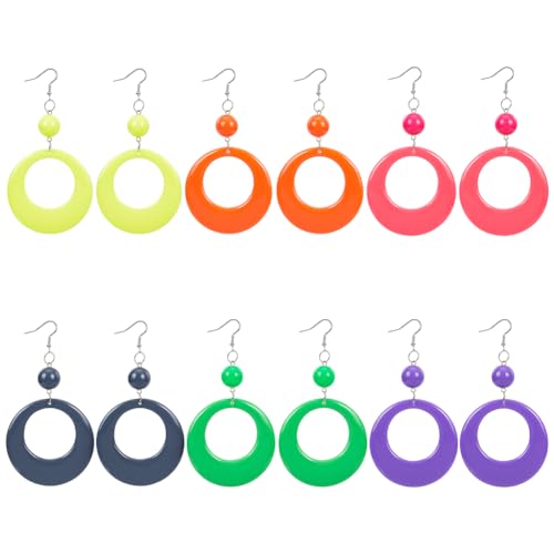 ANATTASOUL 6 Paar 80er-Neon-Ohrringe Für Damen, Kreisförmige Ovale Ohrringe, Retro-Ohrhänger, Neonfluoreszierende Creolen, Einfache Geometrische Hohle Ohrringe Aus Kunstharz, Schmuck, Kostümparty von ANATTASOUL