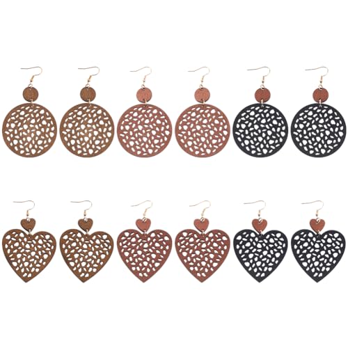 ANATTASOUL 6 Paar Boho-Vintage-Ohrringe Aus Holz Rund Geometrisch Retro Ausgehöhlte Herz-Kreis-Ohrringe Große Leichte Statement-Ohrringe Geeignet Für Frauen Valentinstag Schmuckgeschenke von ANATTASOUL