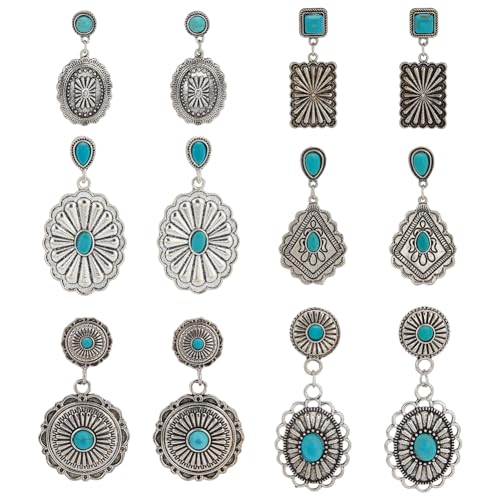 ANATTASOUL 6 Paar Türkisfarbene Böhmische Baumelnde Metallohrringe Für Frauen Splitter Retro-Stil Boho-Ohrringe Westlicher Schmuck Türkisfarbene Ovale Ohrringe Nationaler Stil Wassertropfen von ANATTASOUL