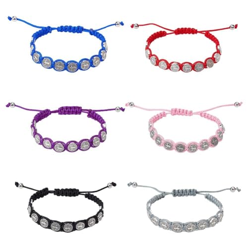 ANATTASOUL 6 Stück Benedikt-Medaillen-Armband, Verstellbares Kordel-Madel-Armband, Benediktiner-Segen-Armband Für Frauen, Handgefertigtes San-Benito-Armband, Geflochtenes Rotes Schnur-Armband von ANATTASOUL