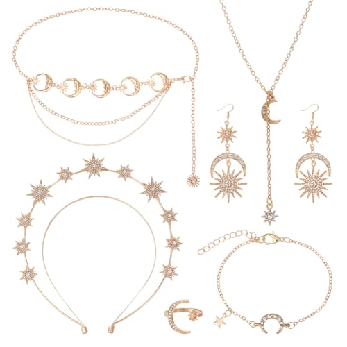 ANATTASOUL 6 Stück Gold Mond Sterne Zubehör Schmucksets Für Frauen Boho Kettengürtel Halo Krone Mond Stern Stirnband Halskette Tropfen Ohrringe Manschettenringe Bettelarmband Set Braut Hochzeit Party von ANATTASOUL