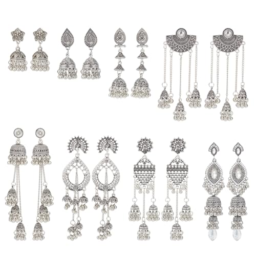 ANATTASOUL 8 Paar Jhumka Ohrringe Indische Jhumka Jhumki Ethnische Ohrstecker-Sets Für Frauen Vintage Silber Gold Lange Quasten Glöckchen Ohrringe Boho-Schmuck-Geschenk Am Valentinstag Weihnachten von ANATTASOUL