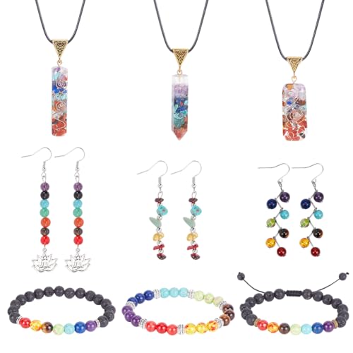 ANATTASOUL Chakra-Schmuckset, Verstellbare Steinarmbänder Für Frauen, Halskette Mit Kristallanhänger, Chakra-Steinperlenarmbänder, Ohrringe Für Frauen Und Männer, Meditation, Yoga, Schmuckset von ANATTASOUL