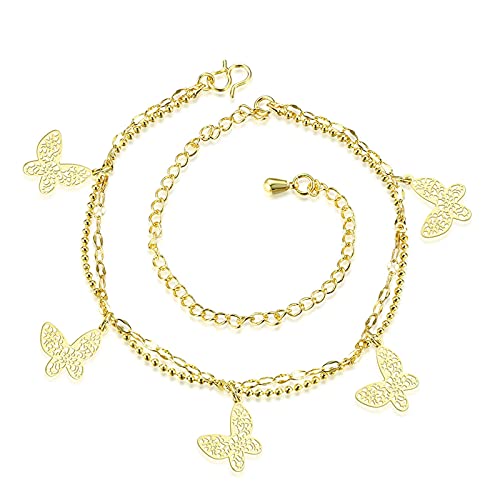 18 Karat Gelbgold Fußkette Damen 750, Echtschmuck Schmetterling Zweireihig Hohle Bead Kette Kugel Fußketten Damen 23+5cm Lang von ANAZOZ