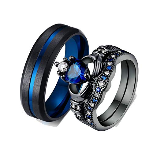 ANAZOZ 2 Stück Damen Herren Verlobungsring Edelstahl Vergoldet 6mm Breit Gebürstet Krone Solitär Diamantring Blau Claddah Ringe für Paar Ring Set Schwarz Frau:49 (15.6) & Mann:54 (17.2) von ANAZOZ