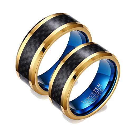 ANAZOZ 2 Stück Damen Herren Verlobungsring Wolfram 8mm Kohlefaser Bicolor Poliert Eheringe für Damen und Herren Paar Gold Blau Hochzeitsringe Billig Frau:65 (20.7) & Mann:67 (21.3) von ANAZOZ